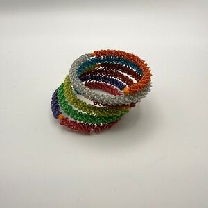 Multicolor Memory Wire Wrap Bracelet Rainbow Beaded Coil Jewelry Rave